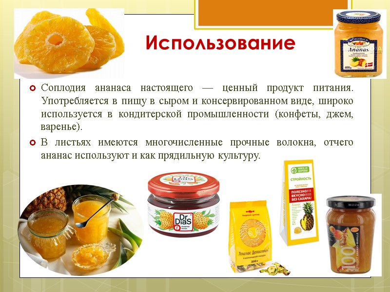 Использование   Соплодия ананаса настоящего — ценный продукт питания. Употребляется в пищу в